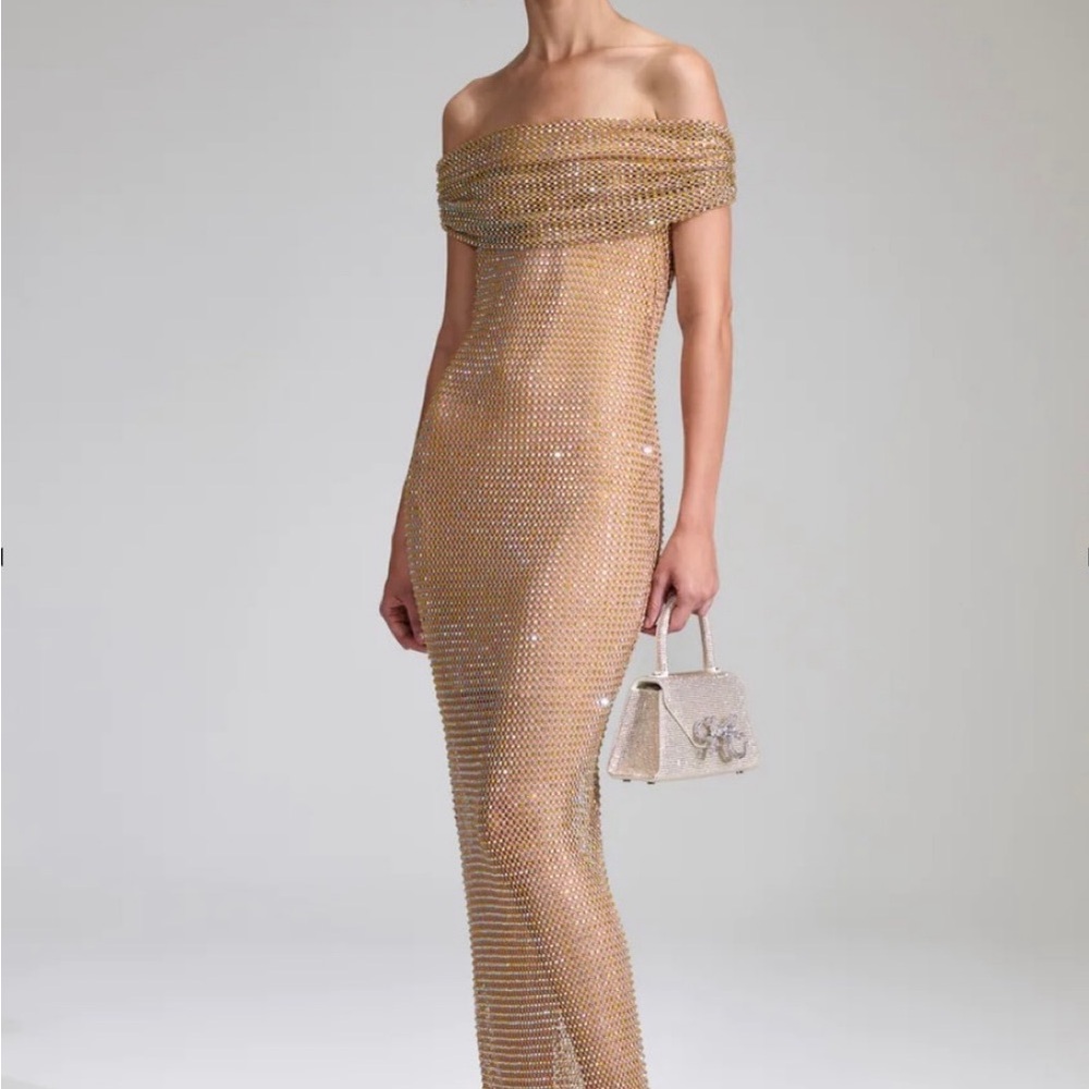 Self Portrait Tan Rhinestone Off Shoulder Fishnet Maxi Dress